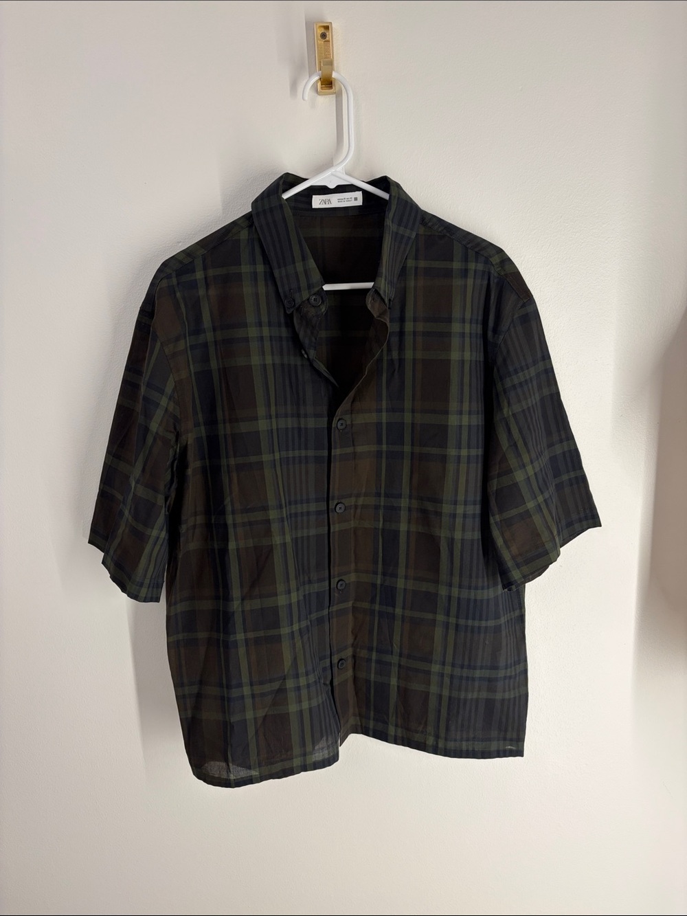 Zara Men's Short-Sleeve Plaid Button-Down Shirt - Dark Green & Black